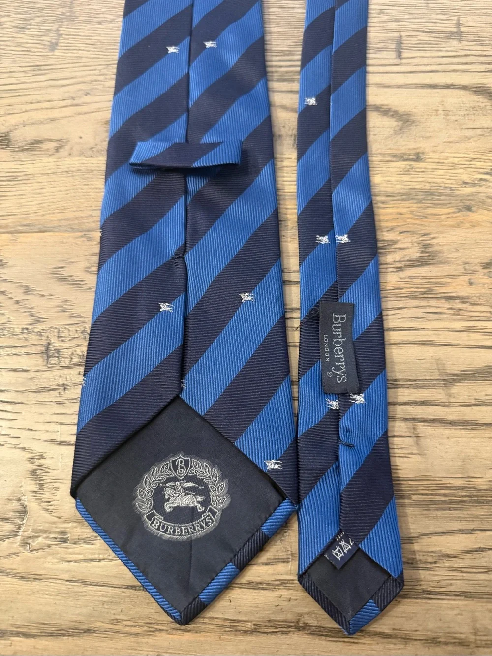 Burberry Blue and Navy Striped Silk Tie with White Motifs